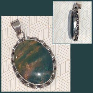 925 Sterling Silver Green Jasper Pendant 18g Large Oval Artisan Boho Statement